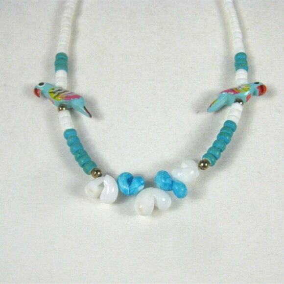 Puka Shell Vintage Shell Beaded Necklace Parrot Charms Bird Parakeet 1970 - Picture 5 of 11